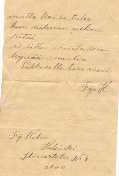Serafia Holmin kirje 1921 Helsingistä Hietasen perheelle.